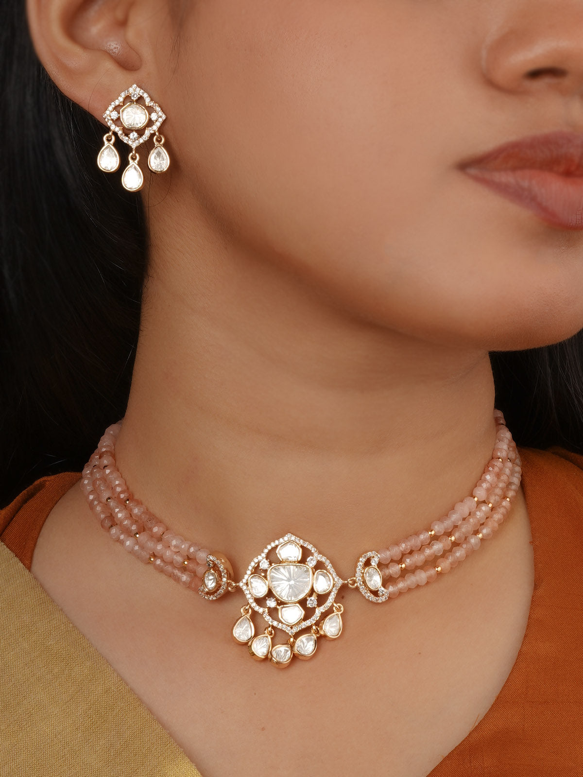 Gold Plated Faux Polki Necklace Set - PK-S400