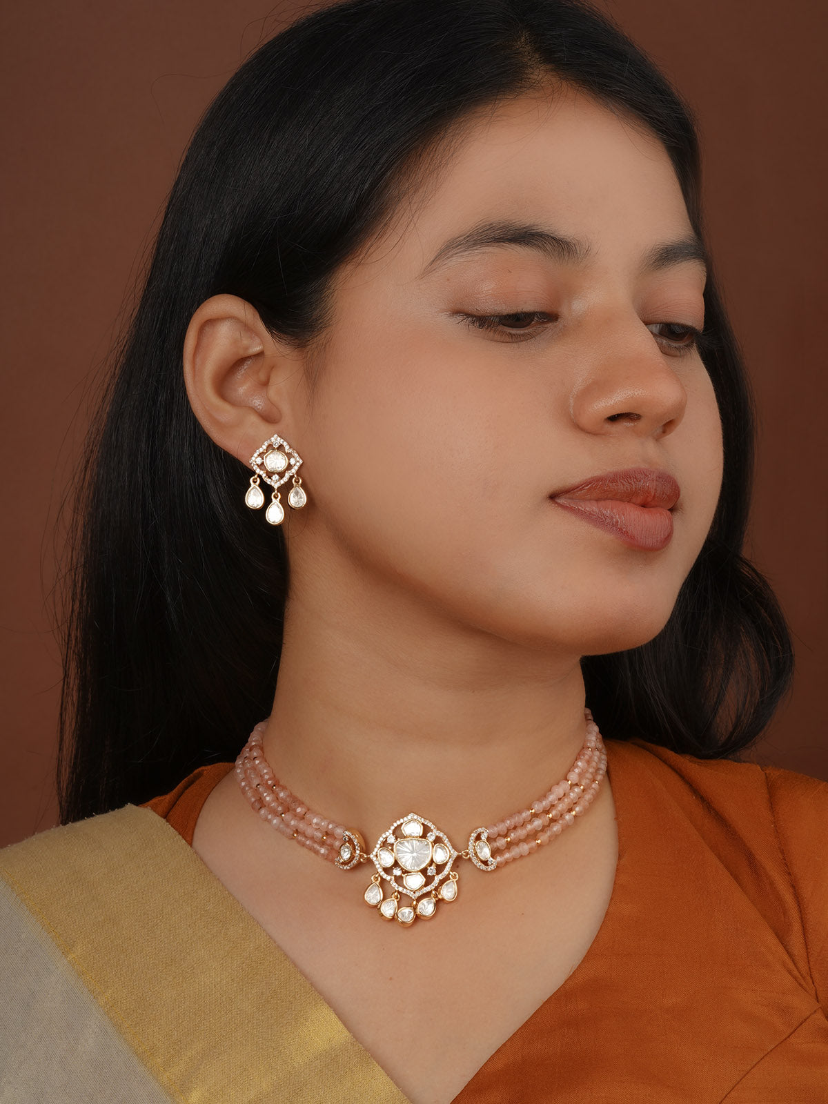 Gold Plated Faux Polki Necklace Set - PK-S400