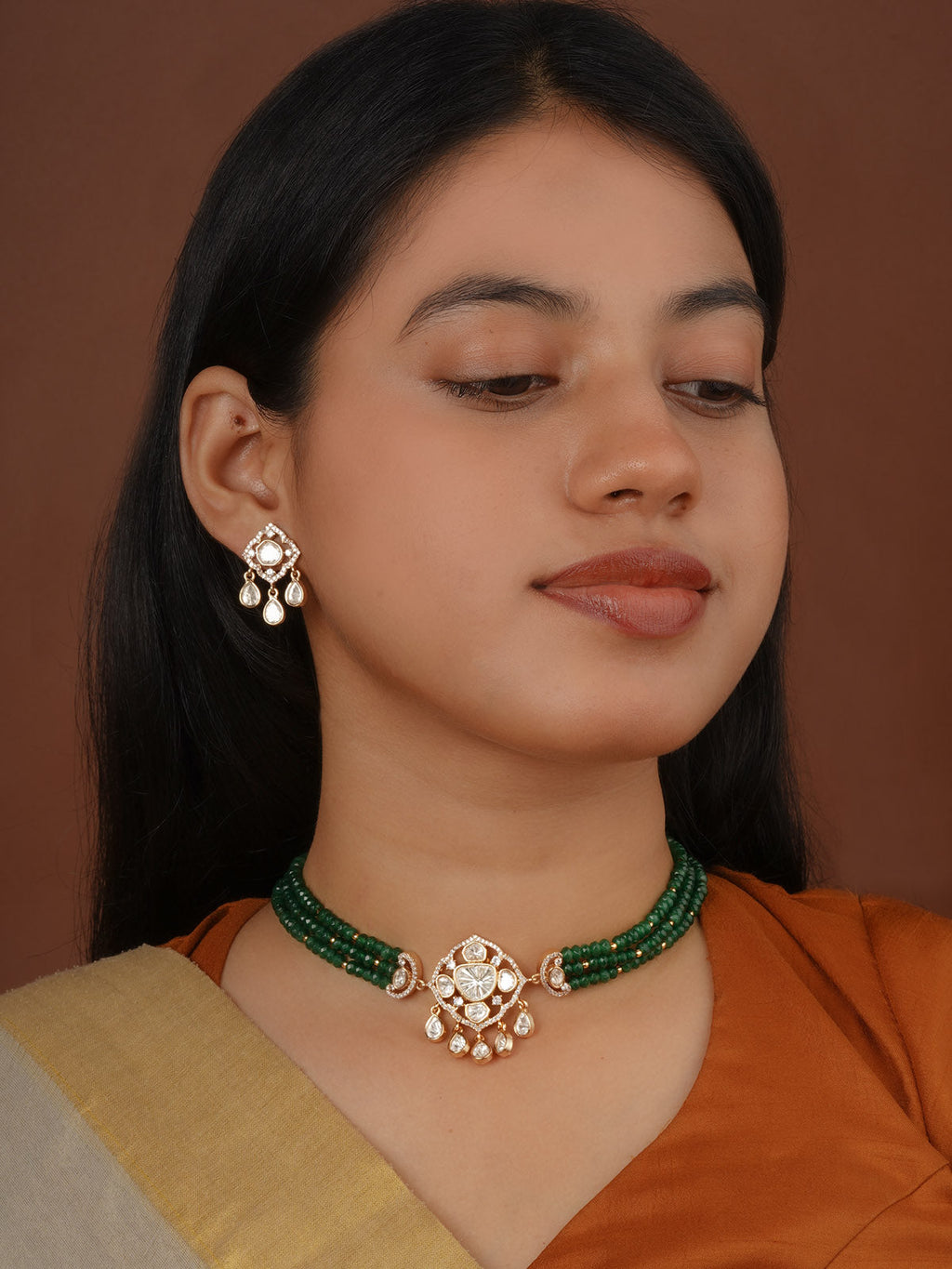Gold Plated Faux Polki Necklace Set - PK-S400