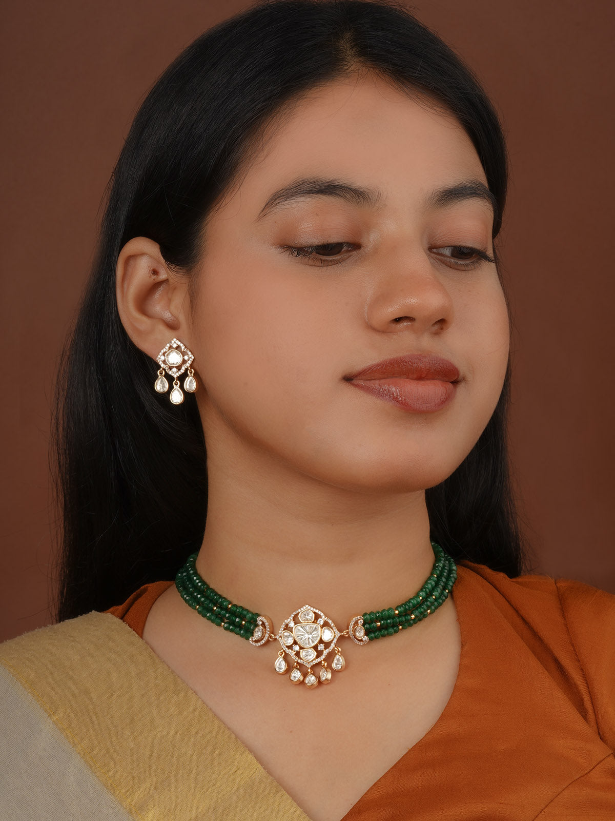 Gold Plated Faux Polki Necklace Set - PK-S400