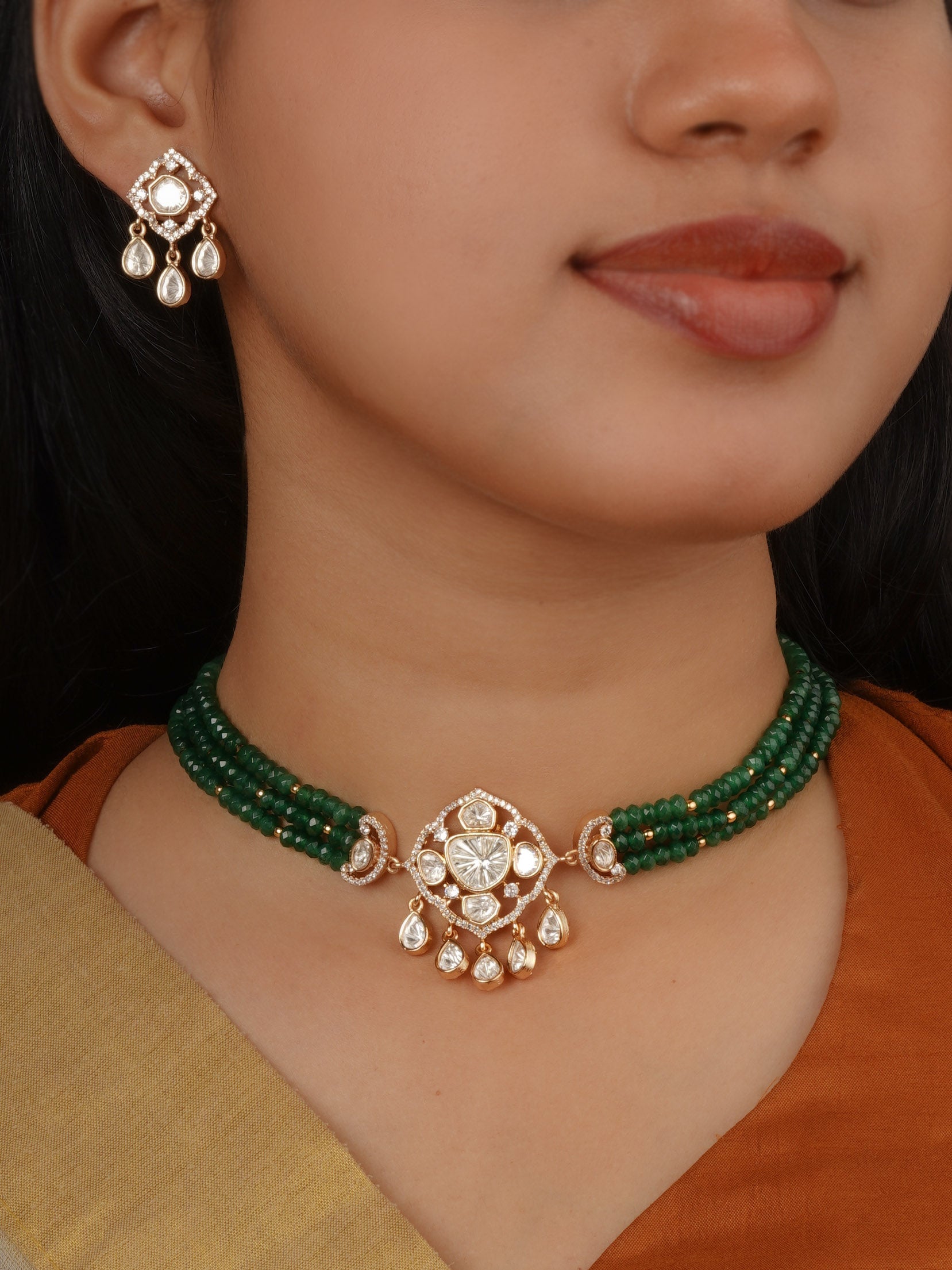 Gold Plated Faux Polki Necklace Set - PK-S400