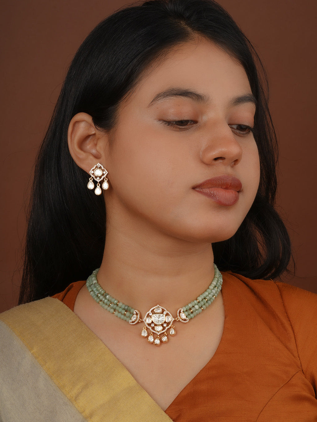 Gold Plated Faux Polki Necklace Set - PK-S400