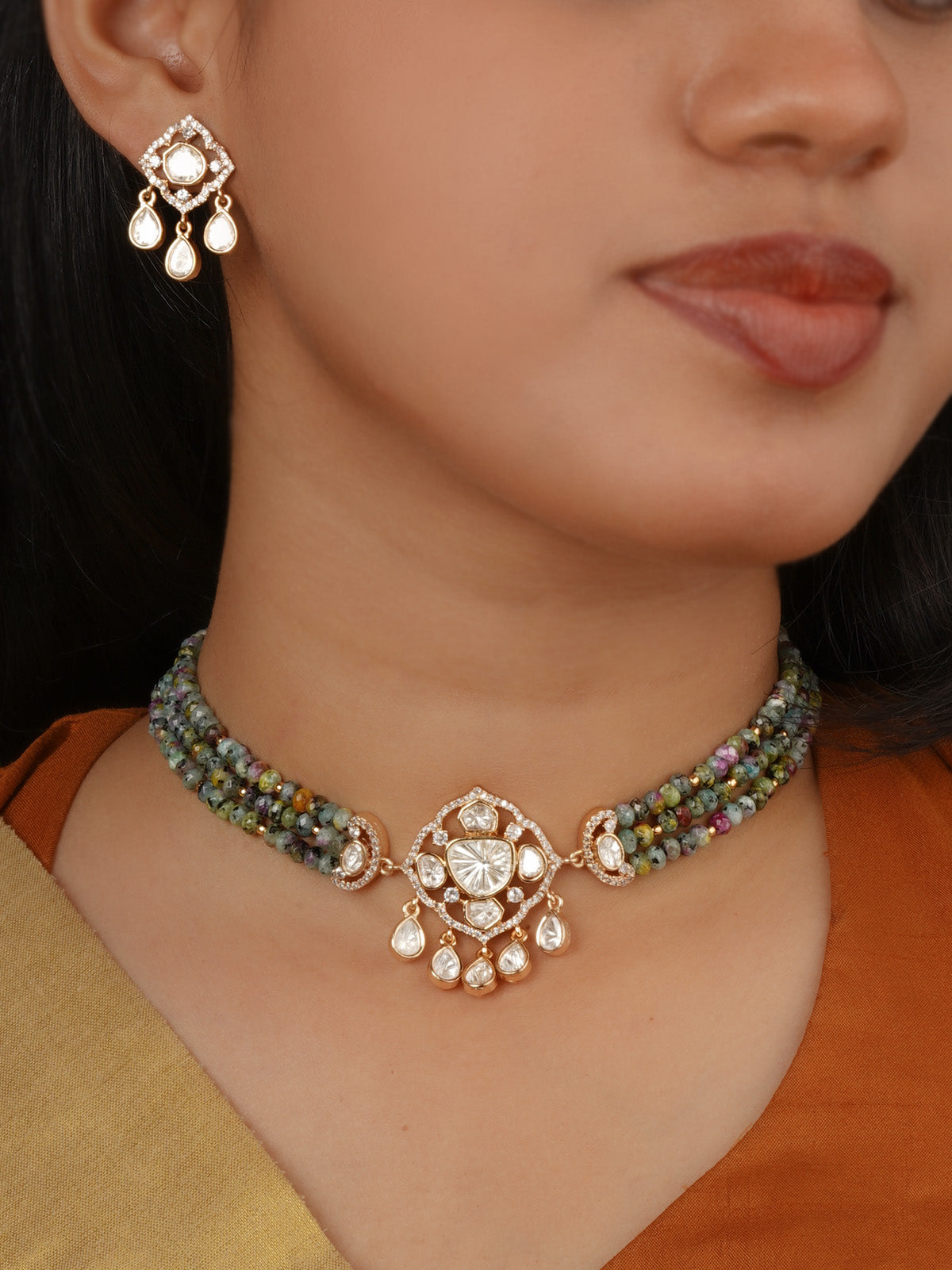 Gold Plated Faux Polki Necklace Set - PK-S400