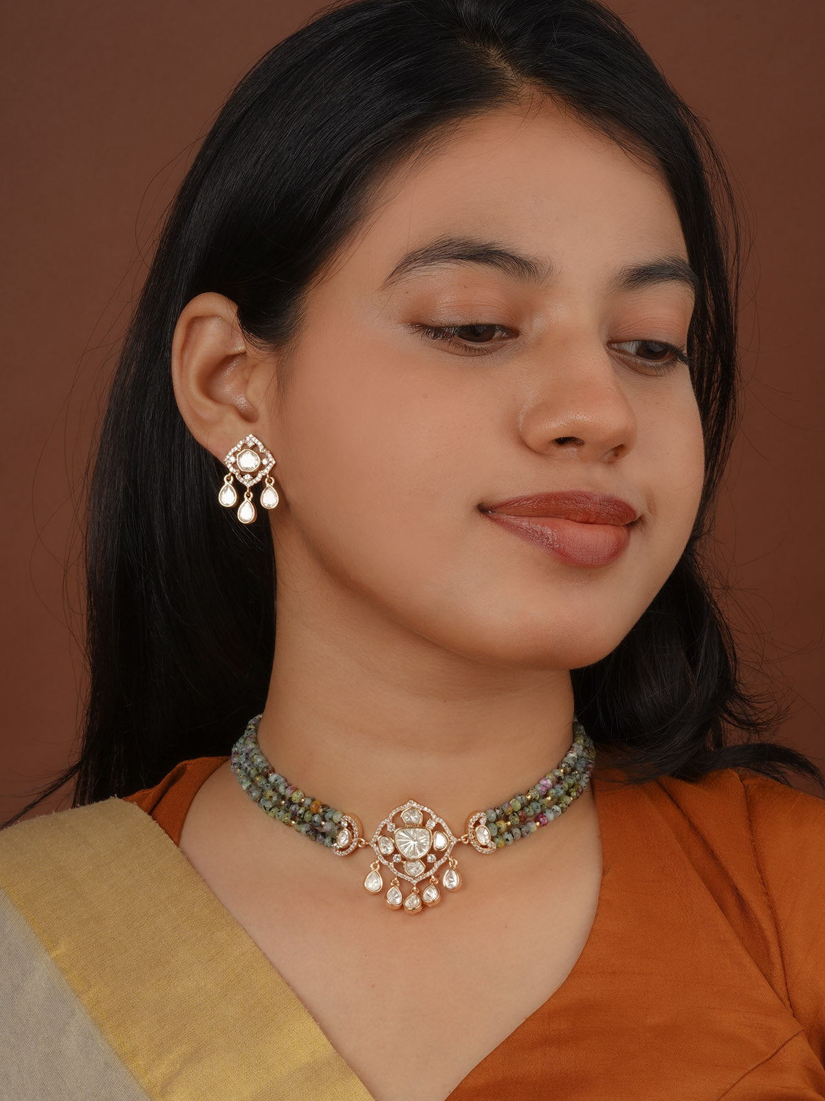 Gold Plated Faux Polki Necklace Set - PK-S400