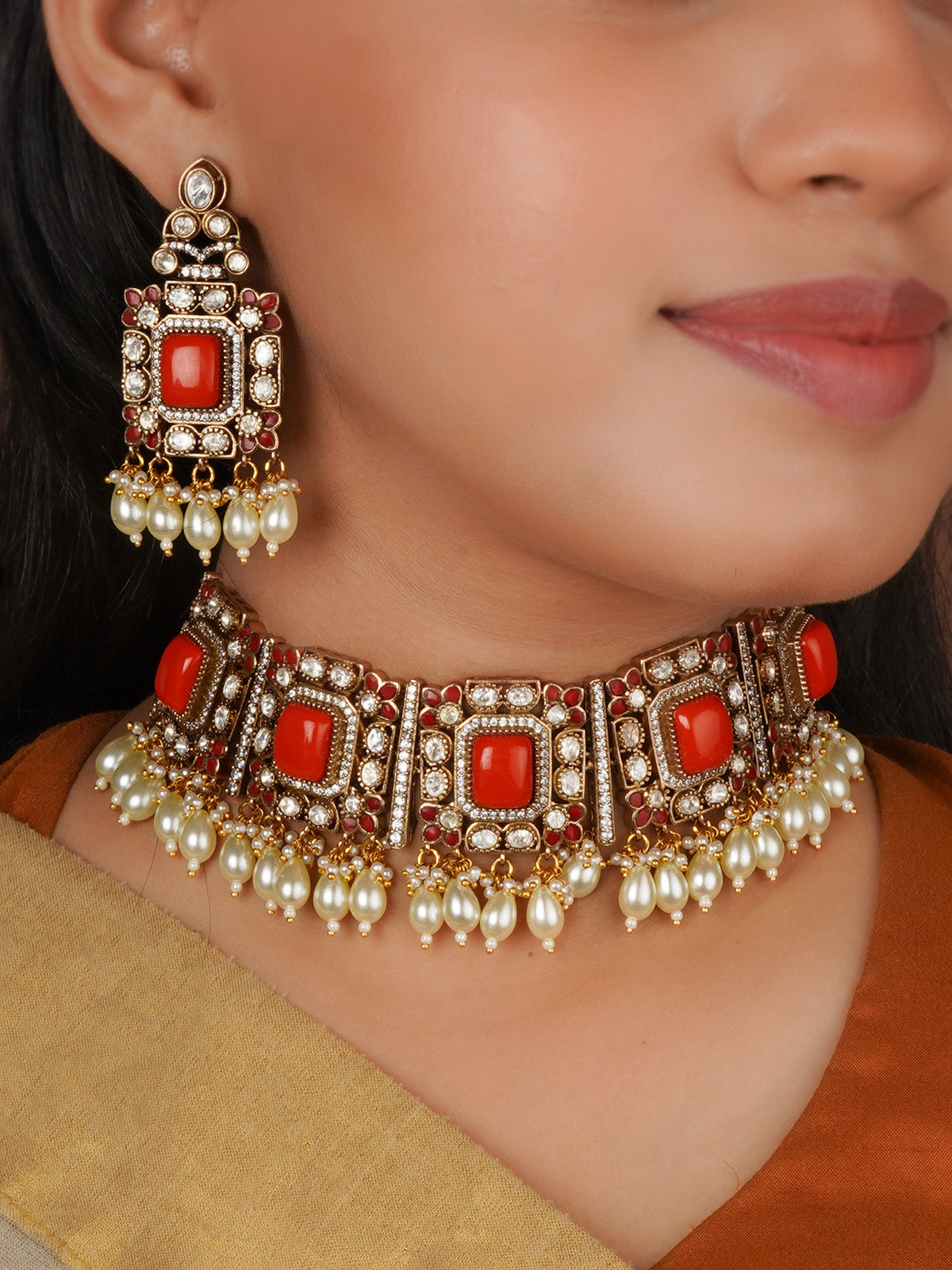 Orange Color Gold Plated Faux Polki Necklace Set - PK-S426OR