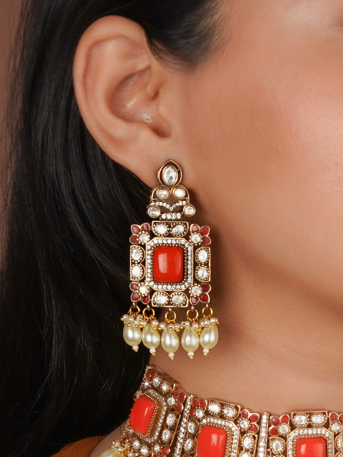 Orange Color Gold Plated Faux Polki Necklace Set - PK-S426OR