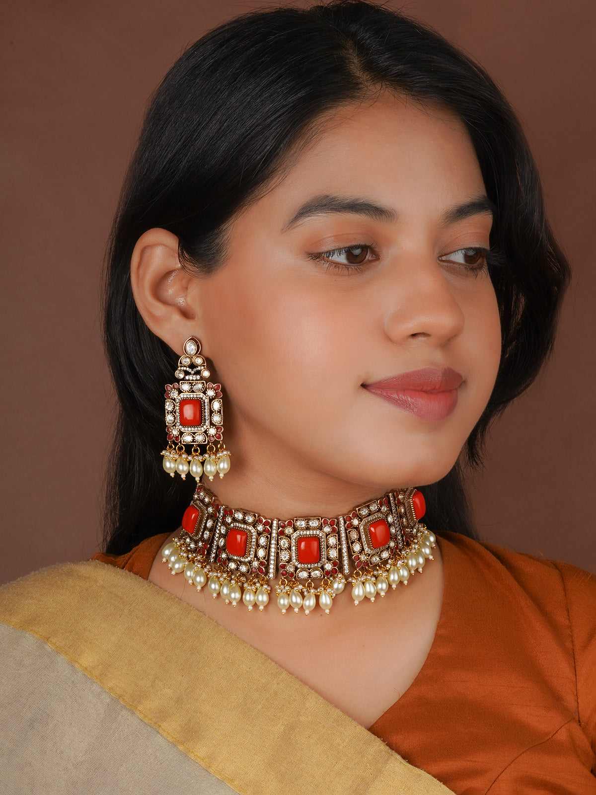 Orange Color Gold Plated Faux Polki Necklace Set - PK-S426OR