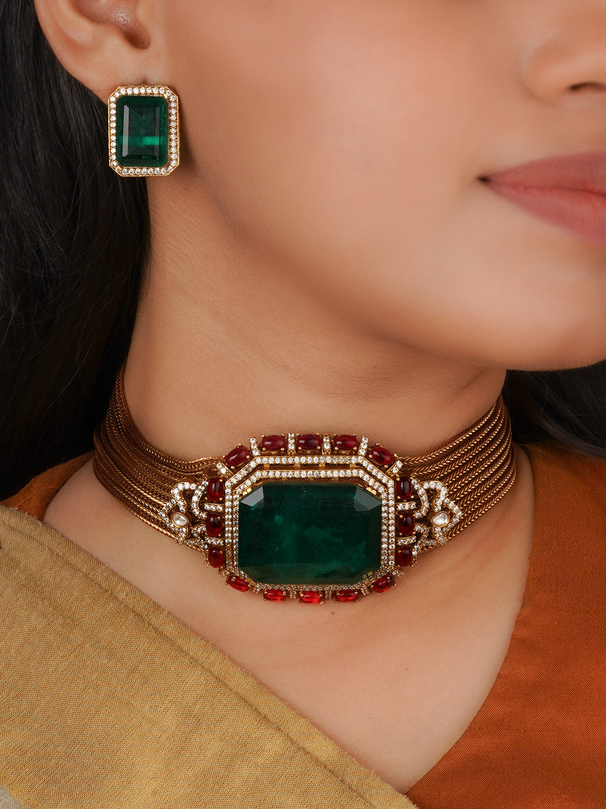 Multicolor Gold Plated Faux Polki Necklace Set - PK-S428GR