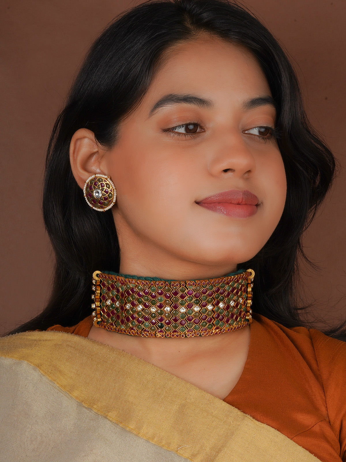 Multicolor Gold Plated Thappa Jadau Kundan Necklace Set - TJ-S202M