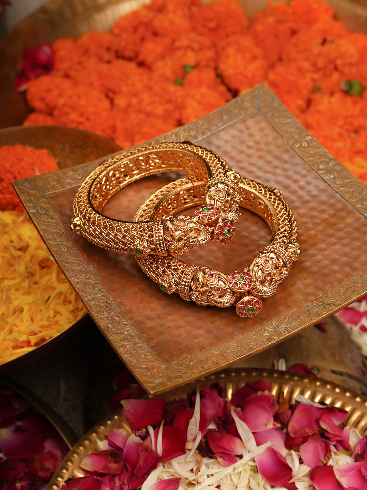 Multicolor Gold Plated Temple Bangles (One Pair) - TMPBAN109M