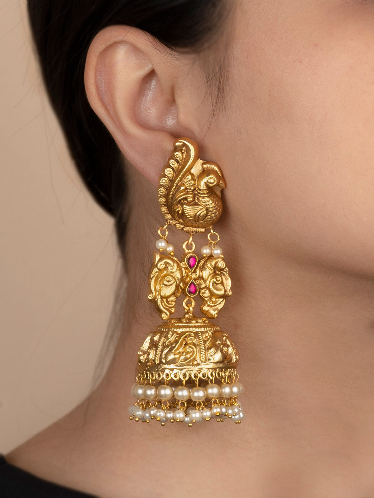 Pink Color Gold Plated Temple Earrings - TMPEAR74