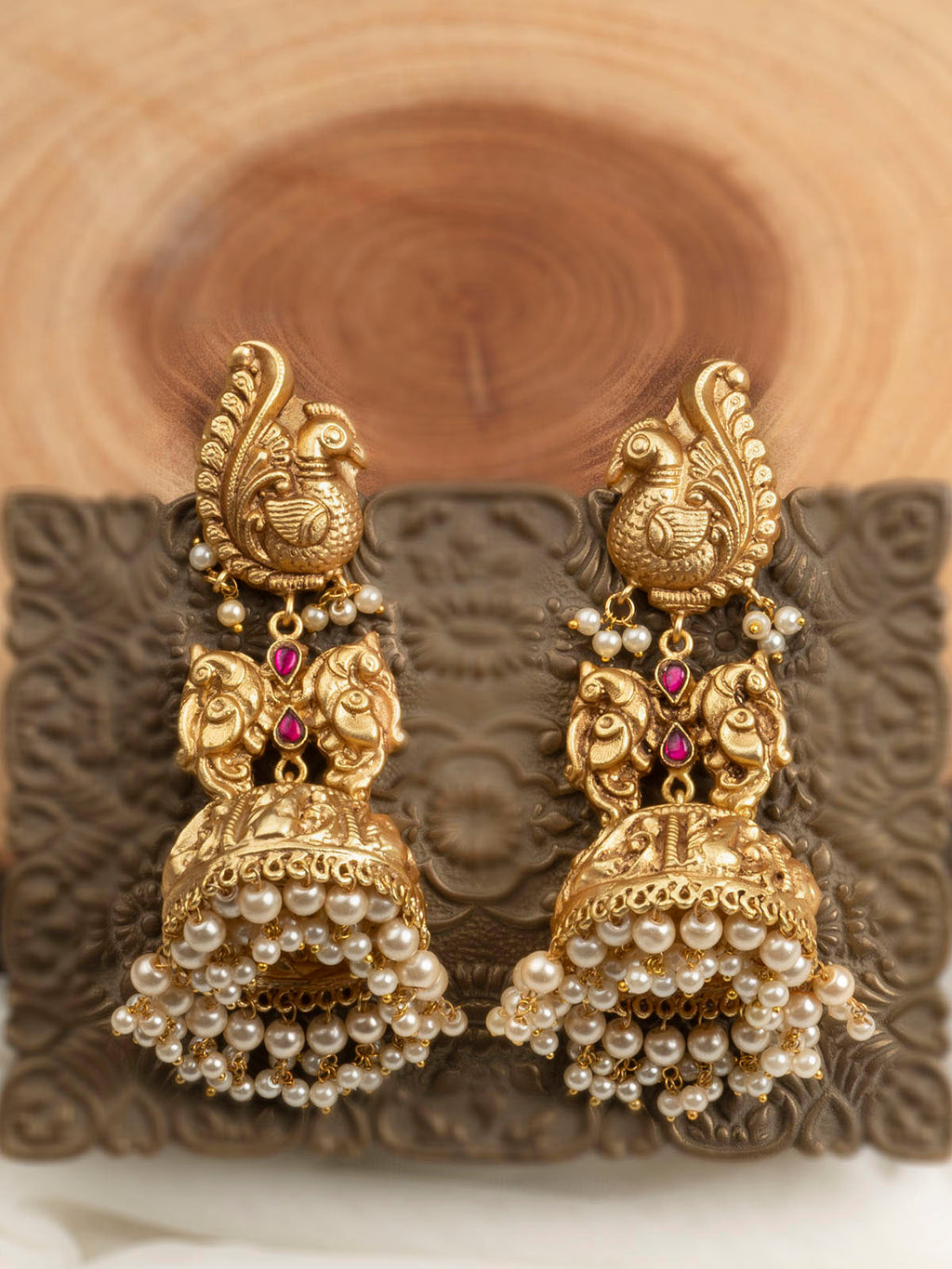 Pink Color Gold Plated Temple Earrings - TMPEAR74