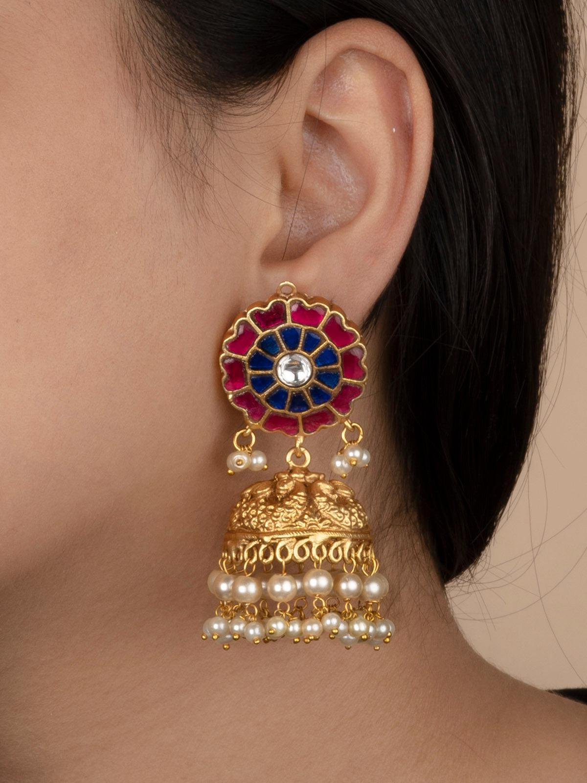 Multicolor Gold Plated Temple Earrings - TMPEAR75M