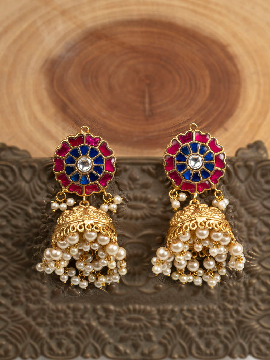 Multicolor Gold Plated Temple Earrings - TMPEAR75M
