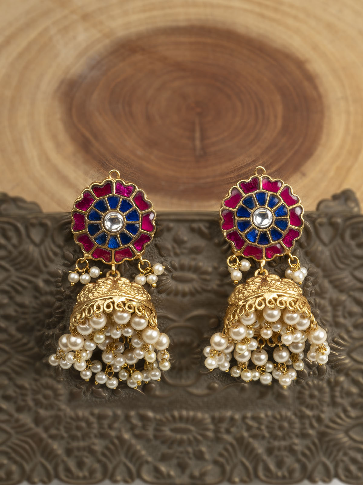 Multicolor Gold Plated Temple Earrings - TMPEAR75M
