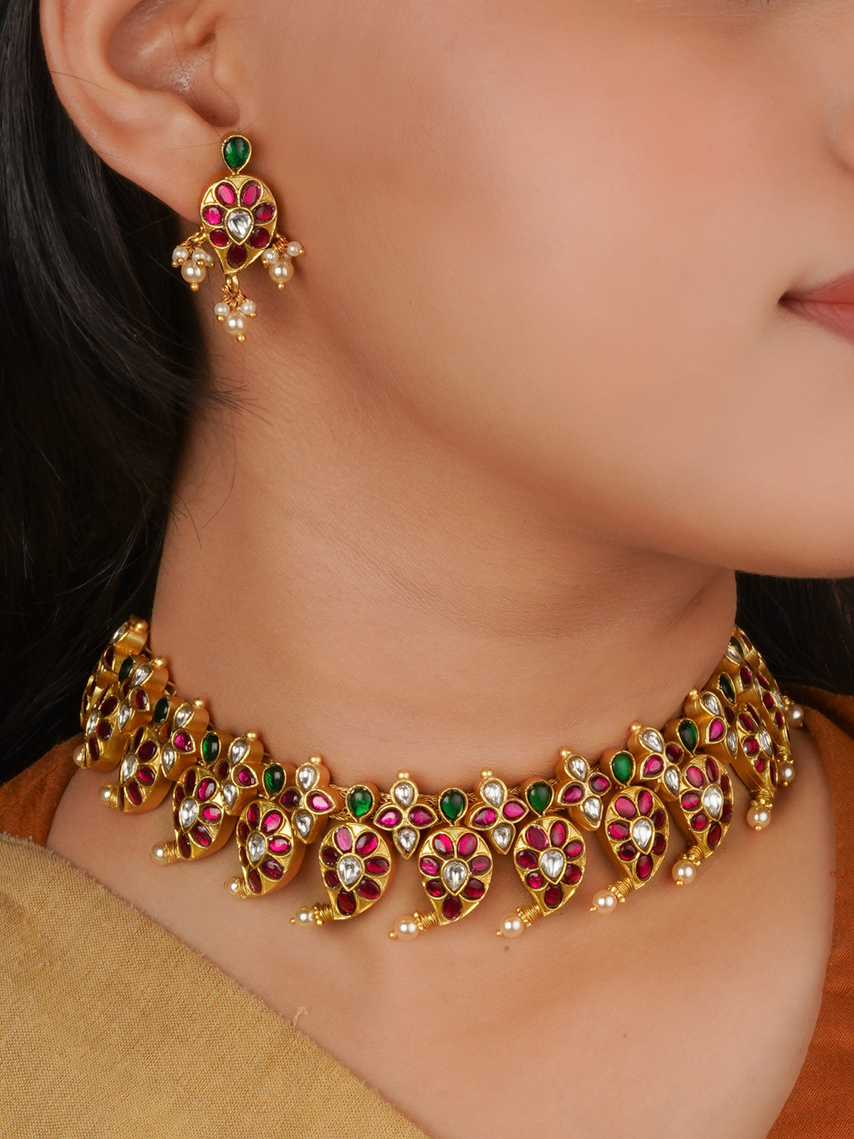 Multicolor Gold Plated Temple Necklace Set - TMPSET198MB