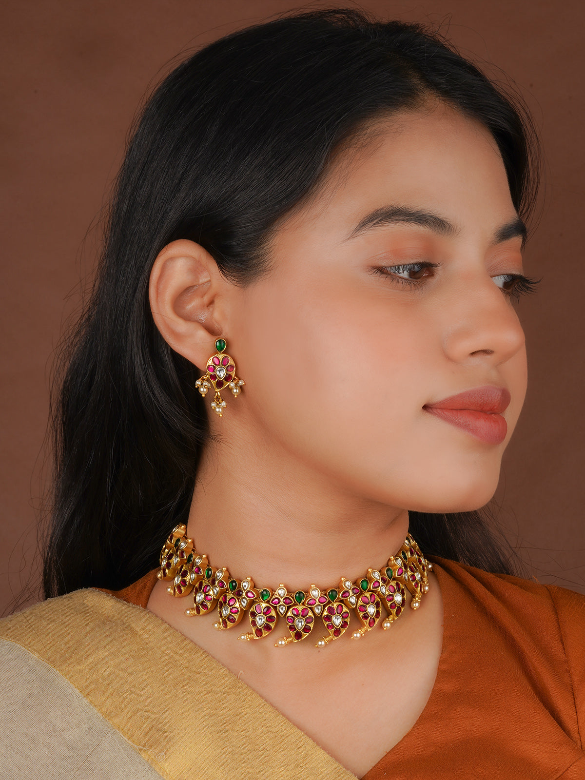 Multicolor Gold Plated Temple Necklace Set - TMPSET198MB