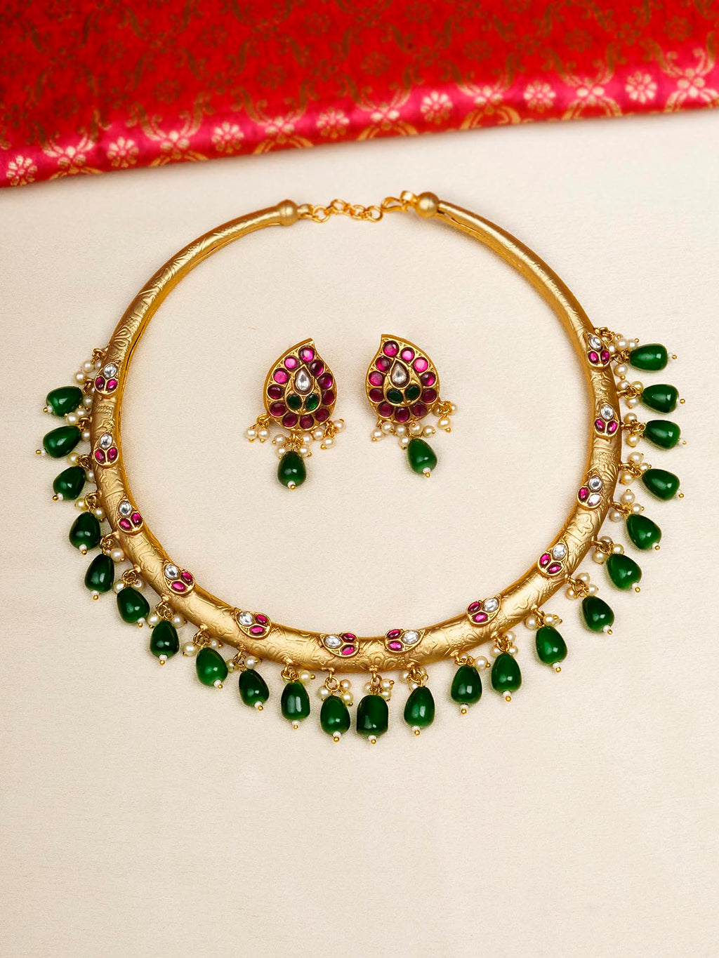 Multicolor Gold Plated Temple Necklace Set - TMPSET208M