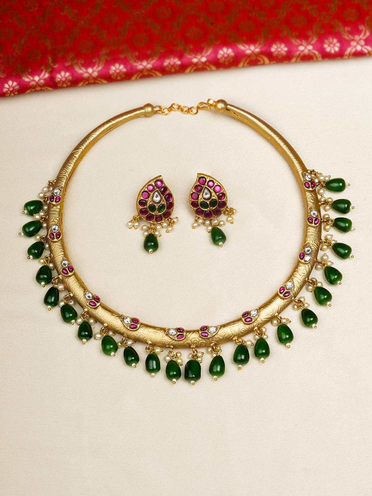 Multicolor Gold Plated Temple Necklace Set - TMPSET208M