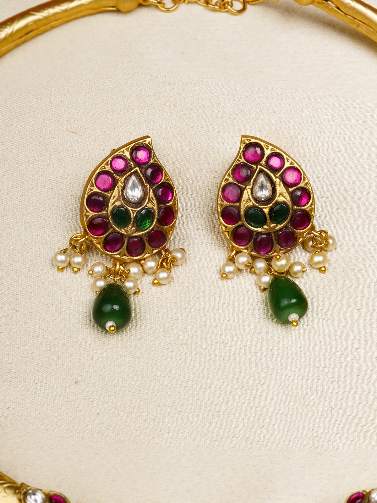 Multicolor Gold Plated Temple Necklace Set - TMPSET208M