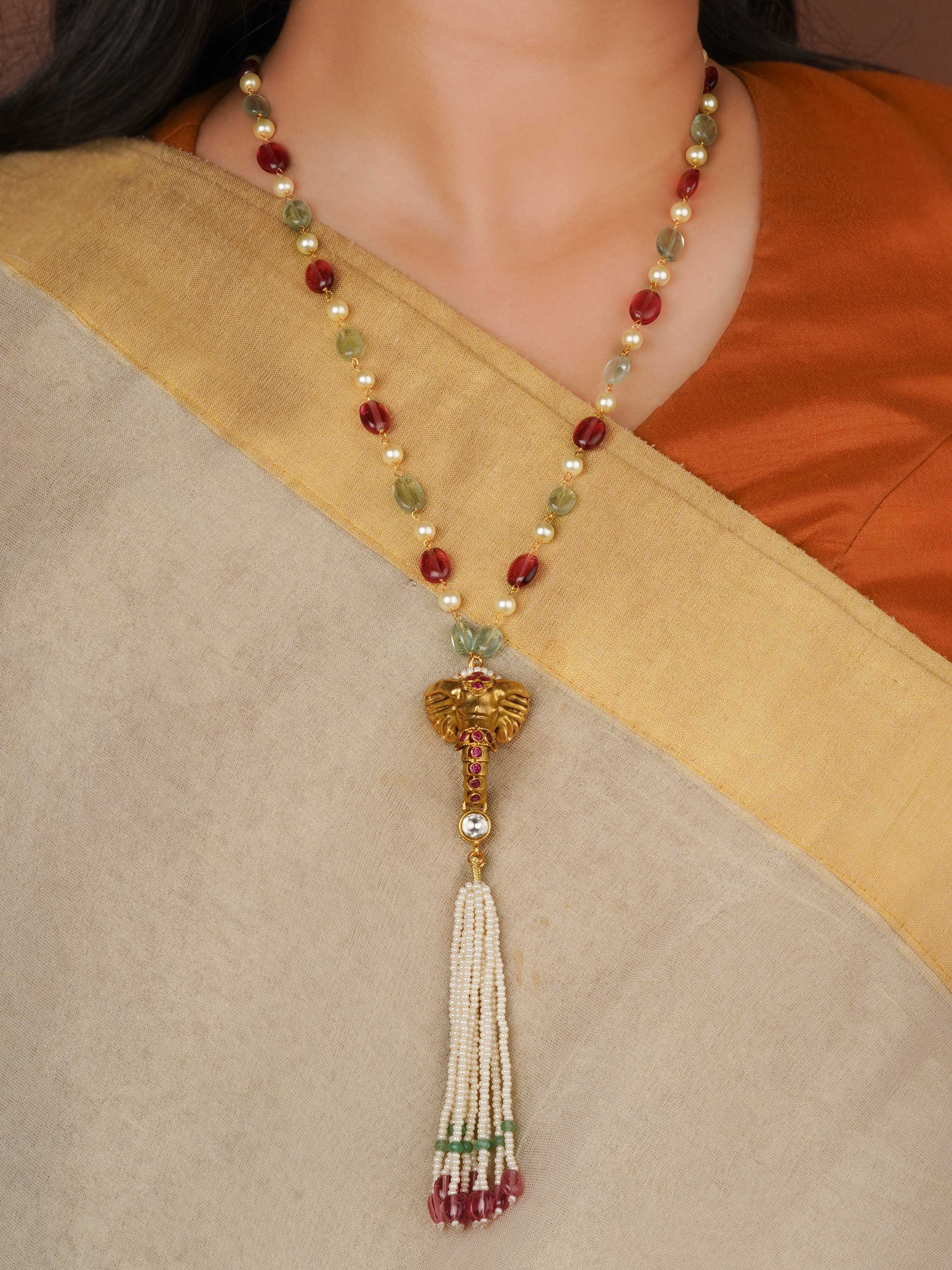 Pink Color Gold Plated Temple Necklace Set - TMPSET249