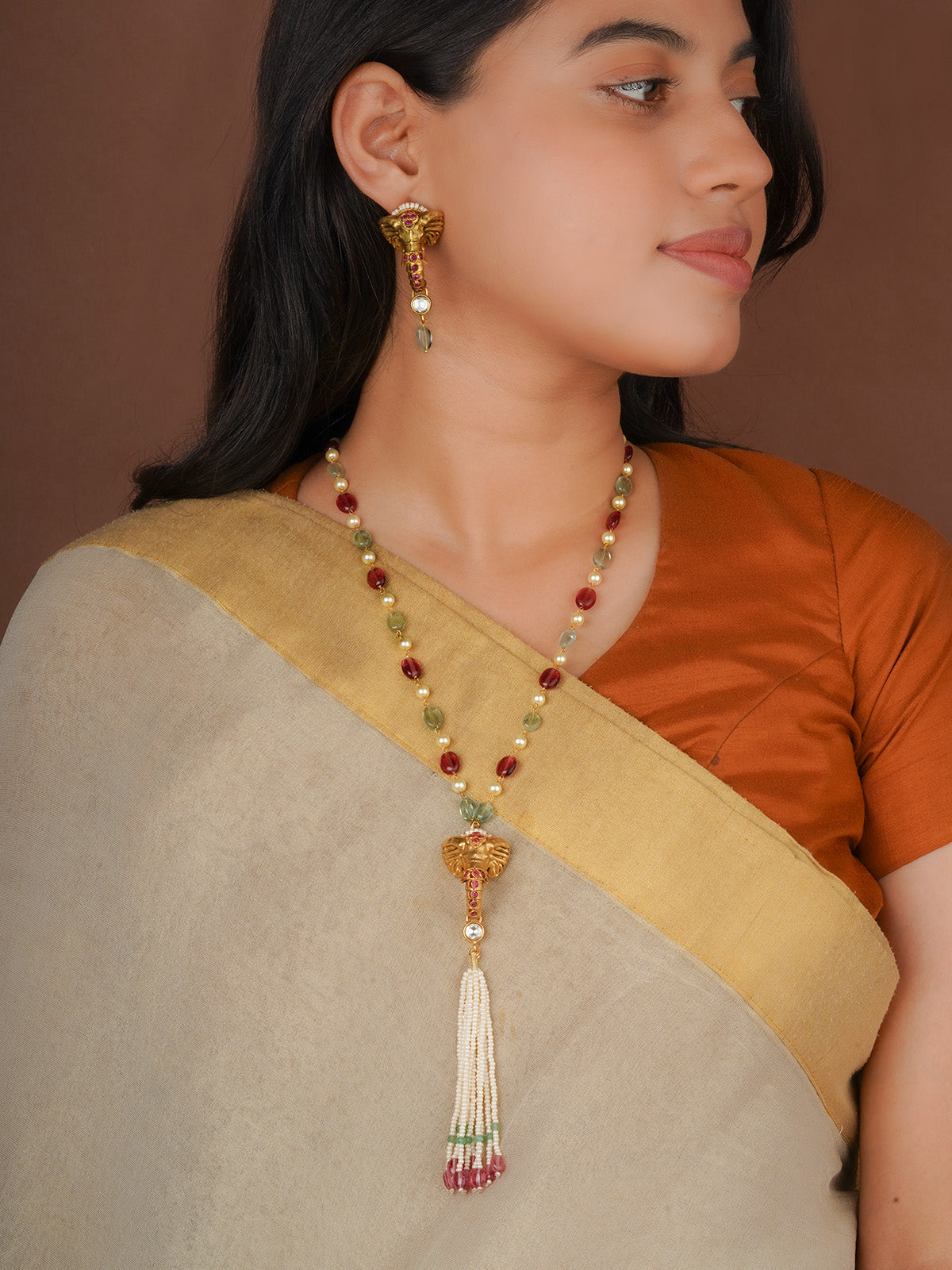 Pink Color Gold Plated Temple Necklace Set - TMPSET249